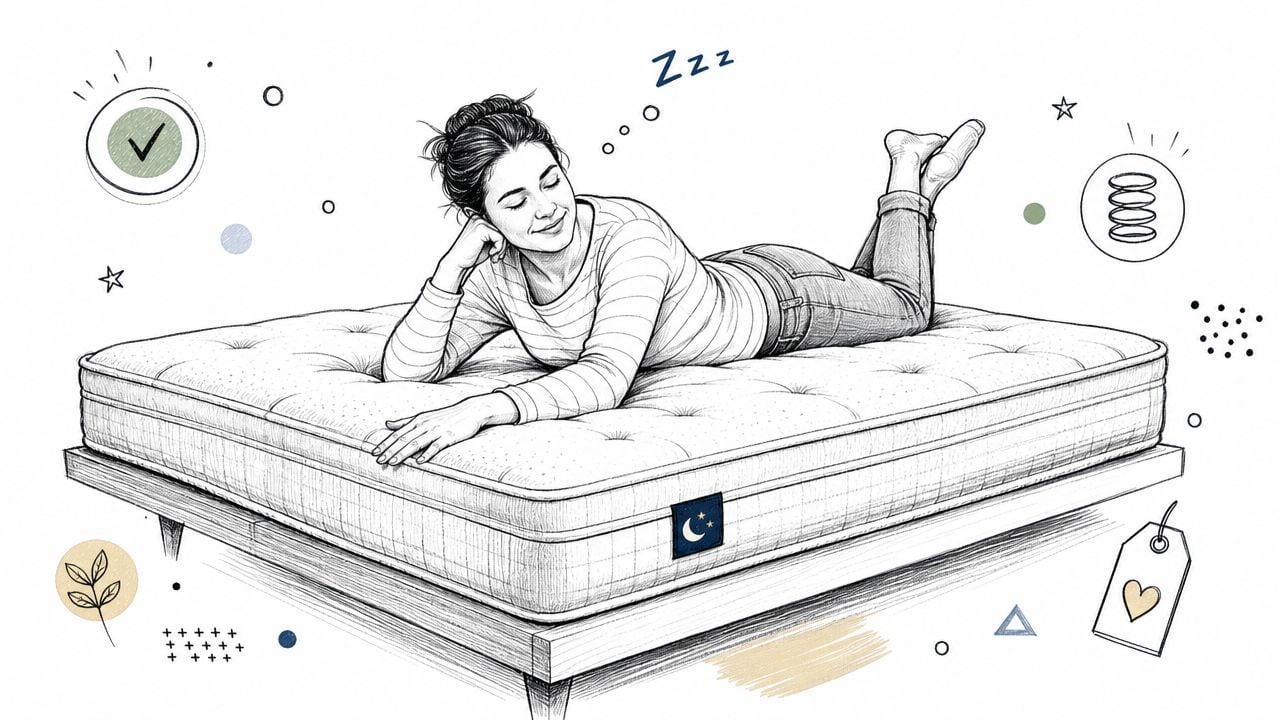 A woman lying comfortably on a plush mattress on a bed frame, sketched in a modern illustration style.