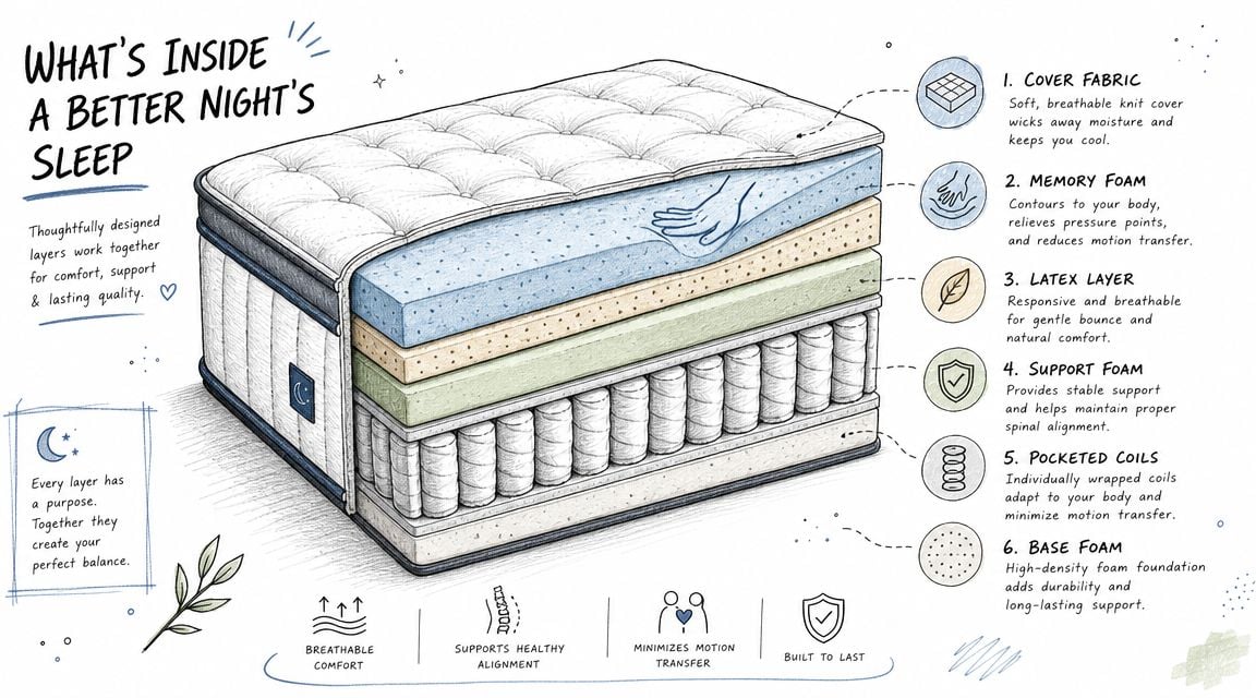 A diagram illustrating the six structural layers of a mattress with descriptive labels for each comfort component.