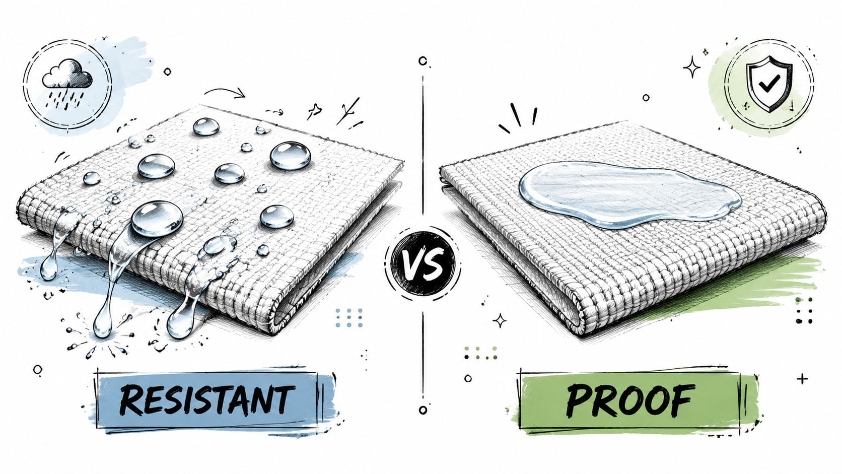 A conceptual illustration comparing weather resistant fabric versus waterproof fabric with water droplets on the surface.