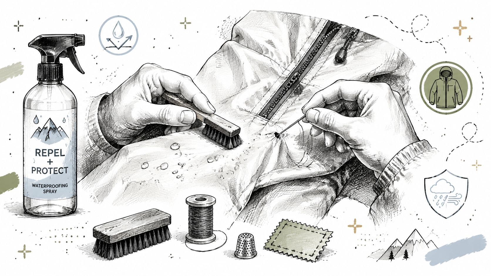 A detailed illustration showing a person repairing and cleaning a piece of weather resistant outdoor clothing gear.