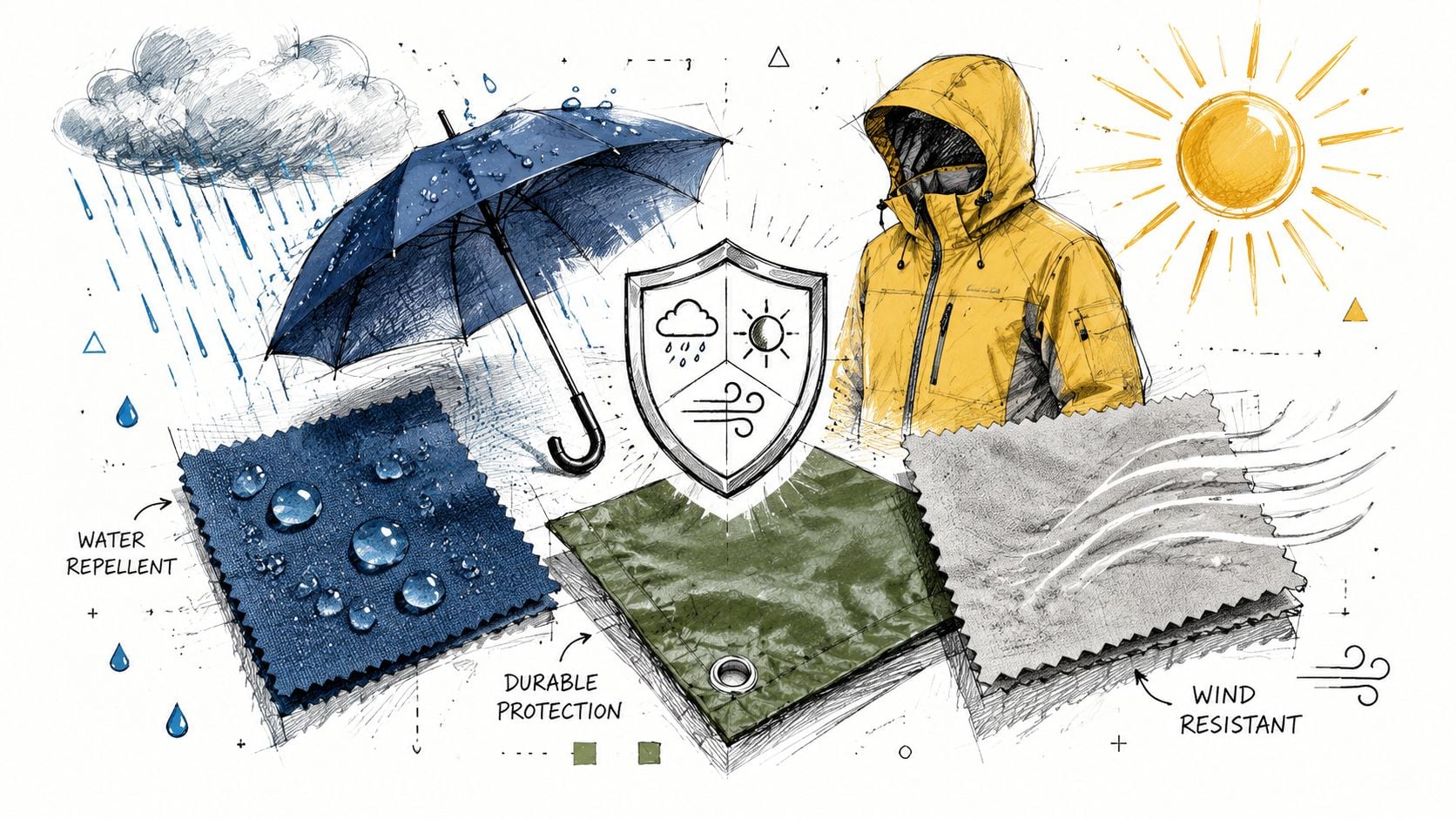 A conceptual illustration featuring a shield icon representing weather protection for outdoor gear and fabric.