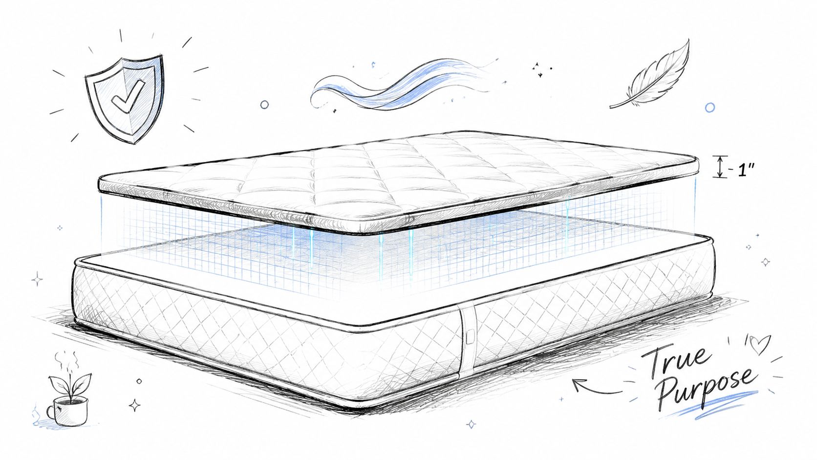 A detailed illustration of a mattress with a one inch topper floating above it for comfort.