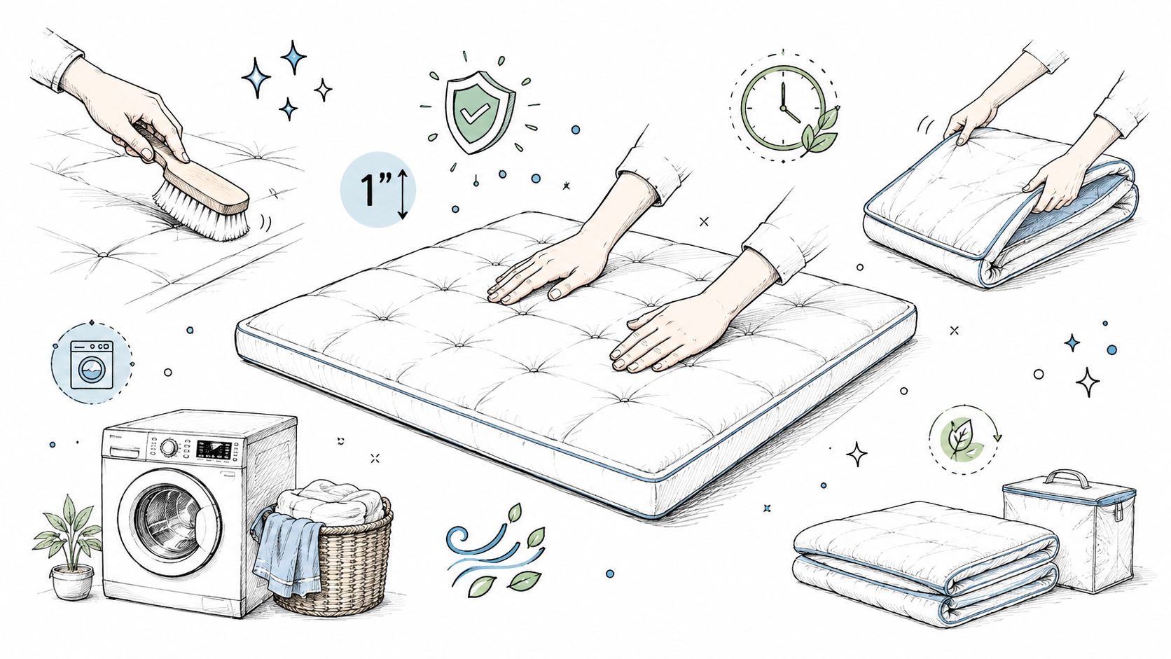 An illustration demonstrating the care, cleaning, and storage steps for a comfortable one-inch mattress topper.