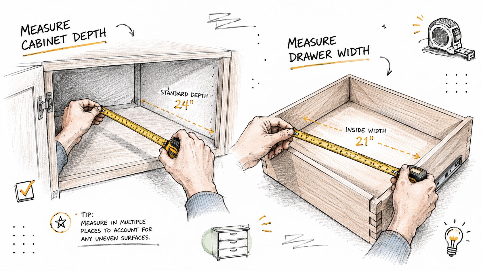 A hand-drawn illustration demonstrating how to measure cabinet depth and interior drawer width using a measuring tape.