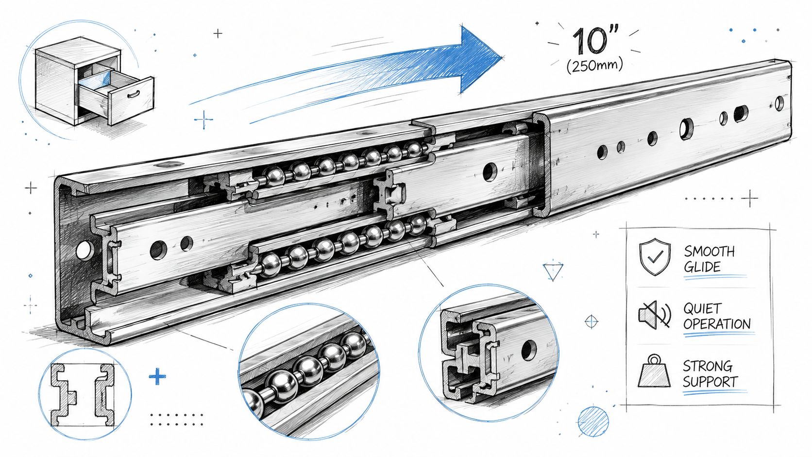 A detailed technical drawing of a 10 inch metal ball bearing drawer slide mechanism with feature highlights.