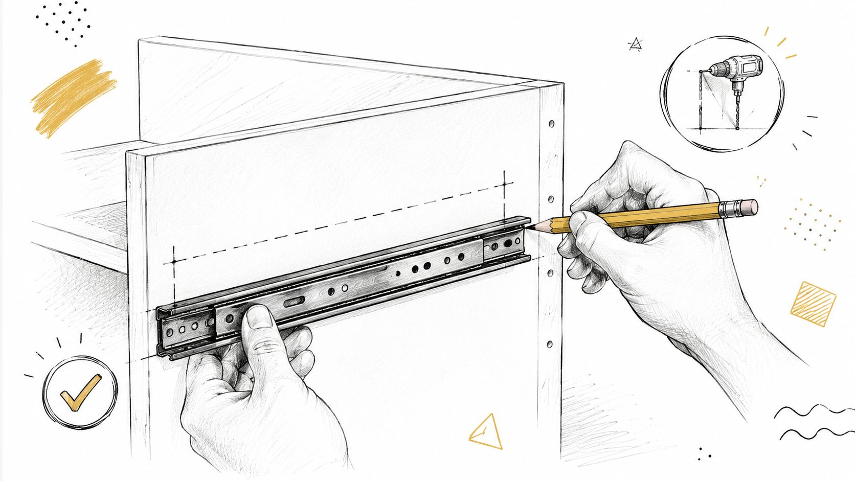 A close-up illustration of hands using a pencil to mark screw locations for drawer slide installation.