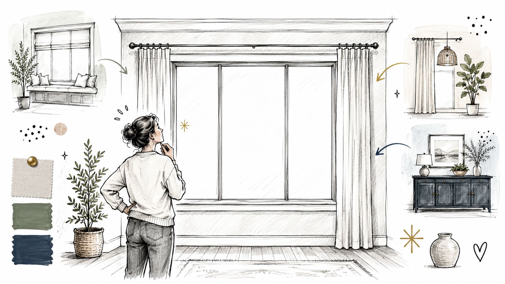 A woman considers window treatment options for her living room using a 10 foot curtain rod illustration.