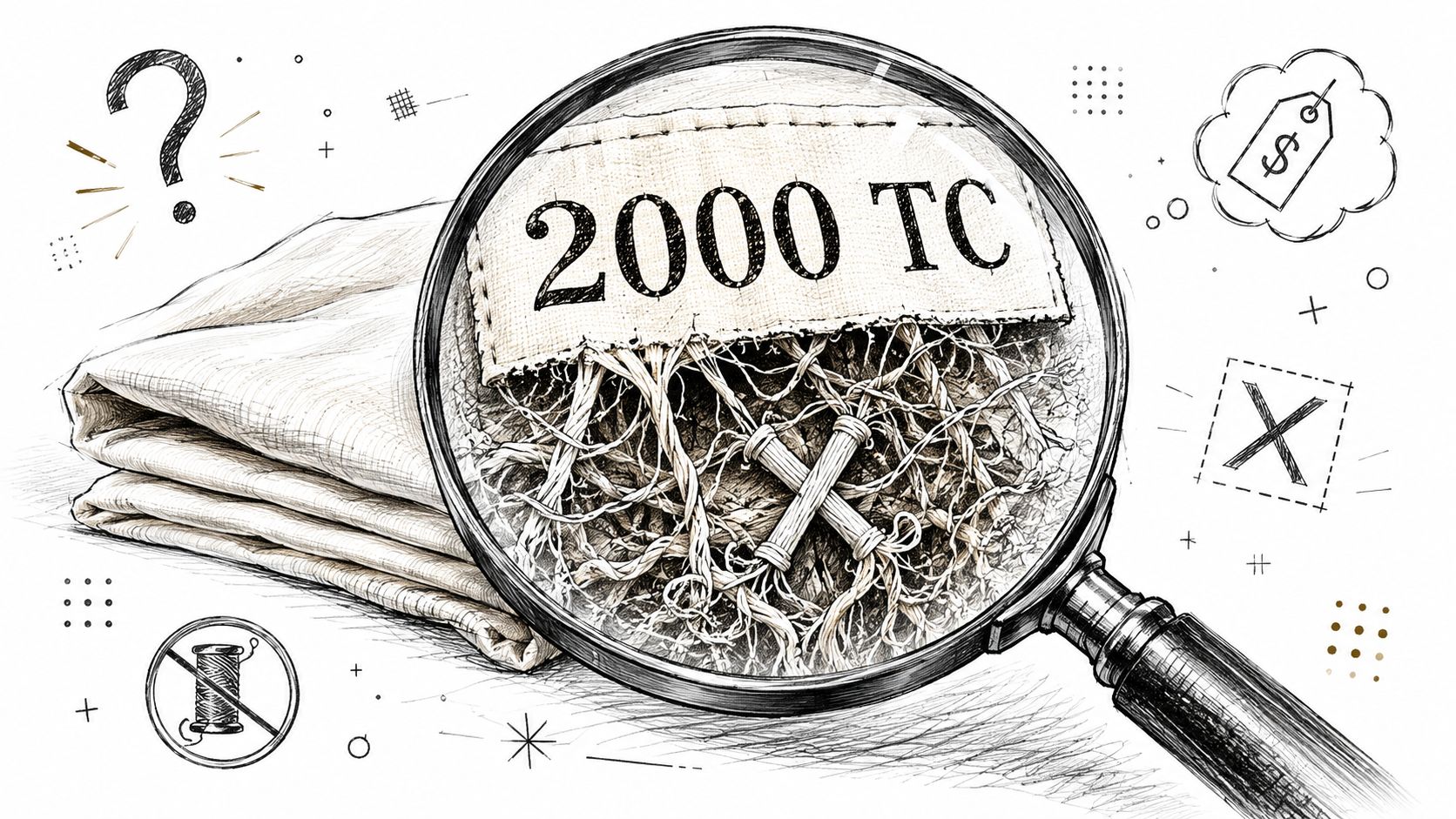 A magnifying glass inspecting fabric threads labeled 2000 TC, illustrating the concept of high thread count sheets.