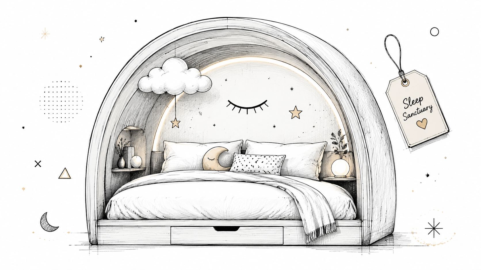 A whimsical sketch of a round bed frame with a cloud and moon motif for children.