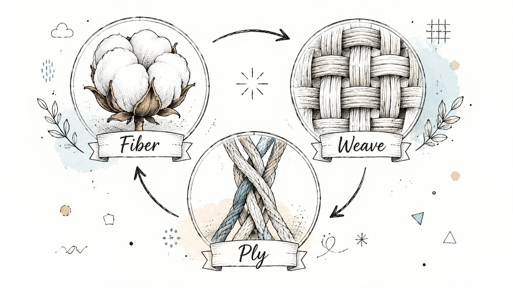 An educational illustration showing the stages of textile manufacturing from cotton fiber to twisted yarn ply and woven fabric.