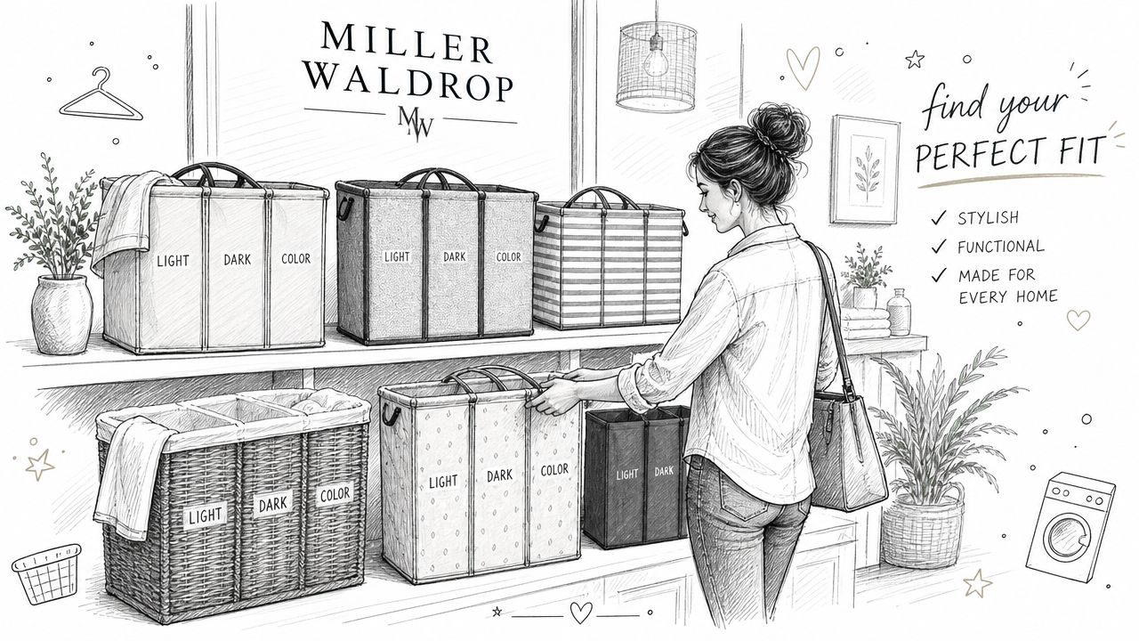 A woman browsing various multi-section laundry hampers in a store setting for home organization and laundry management.