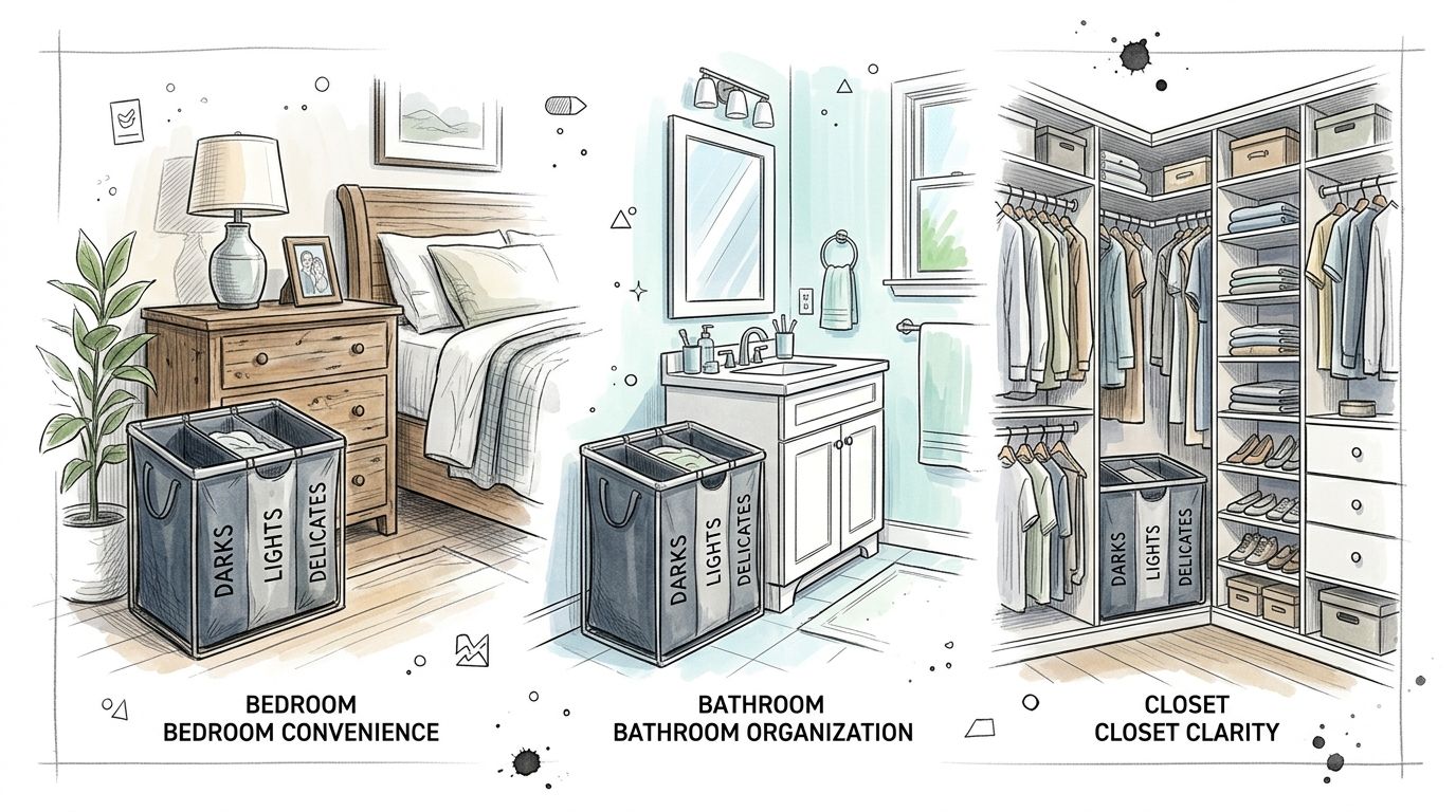 A three-panel illustration showing a sectioned laundry hamper in a bedroom, bathroom, and walk-in closet setting.