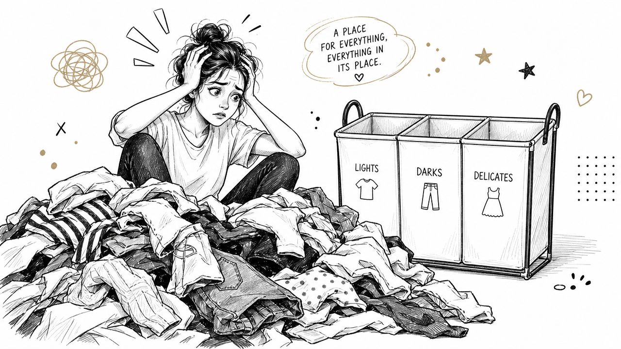 A stressed woman sitting behind a large pile of laundry next to a three-section laundry hamper.