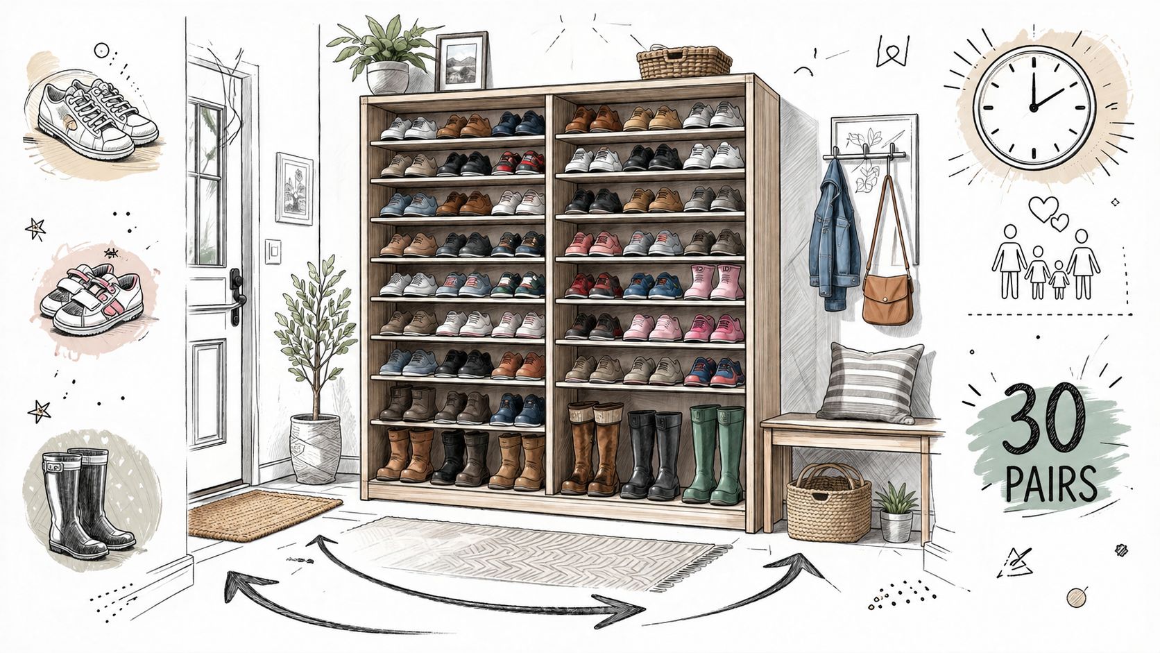A sketched illustration of an organized entryway featuring a large shoe rack filled with thirty pairs of shoes.