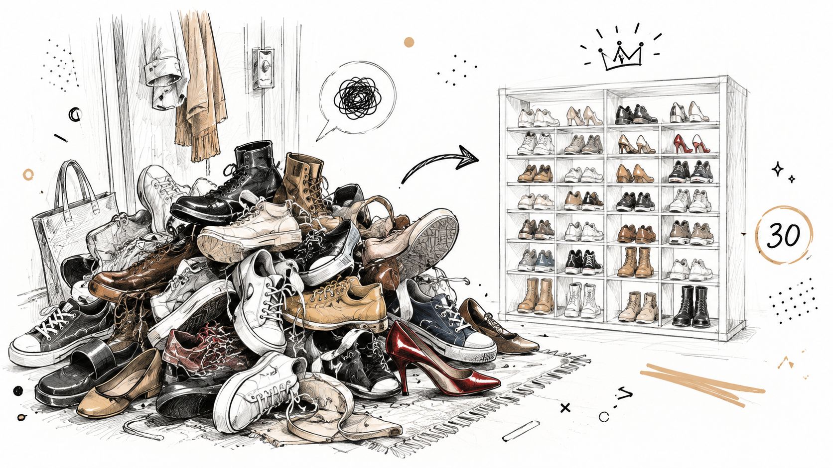 A hand-drawn illustration depicting a messy pile of various shoes being organized into a neat thirty pair shoe rack.