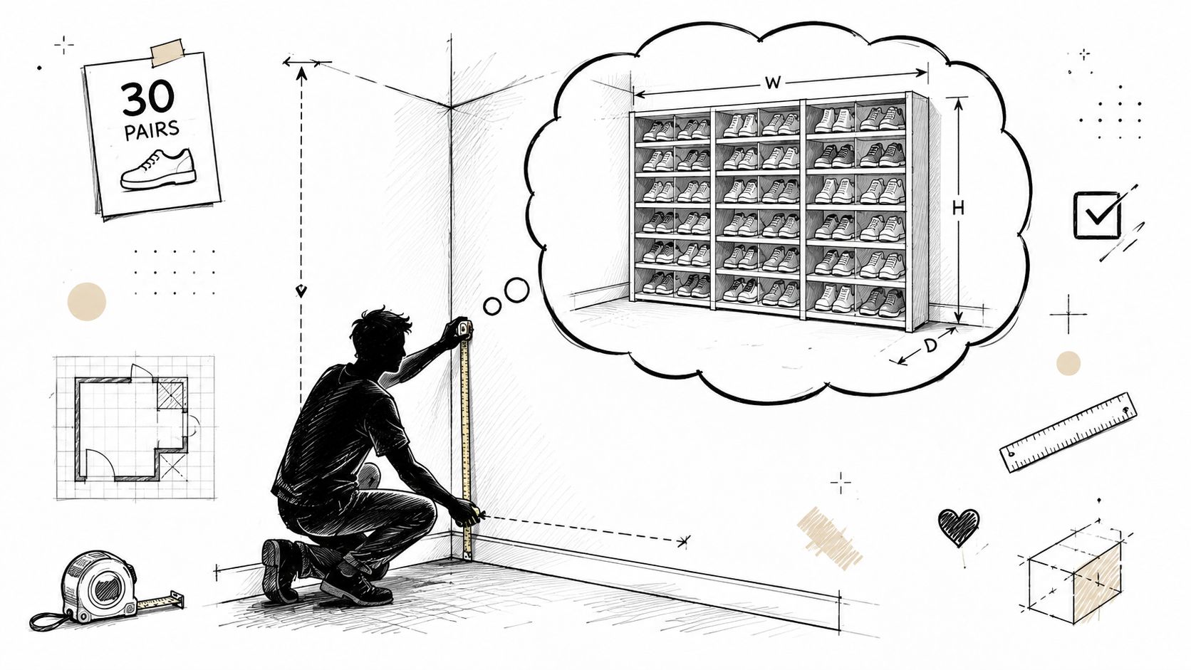A man measuring a corner wall to plan space for a 30-pair shoe rack shelf unit.