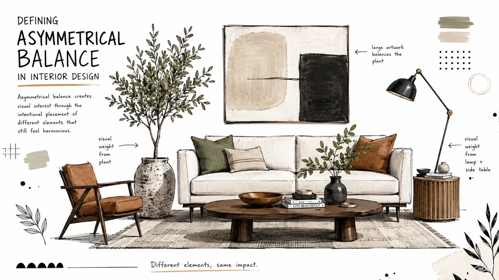 An illustrated interior design diagram explaining the concept of asymmetrical balance using furniture, plants, and decor.