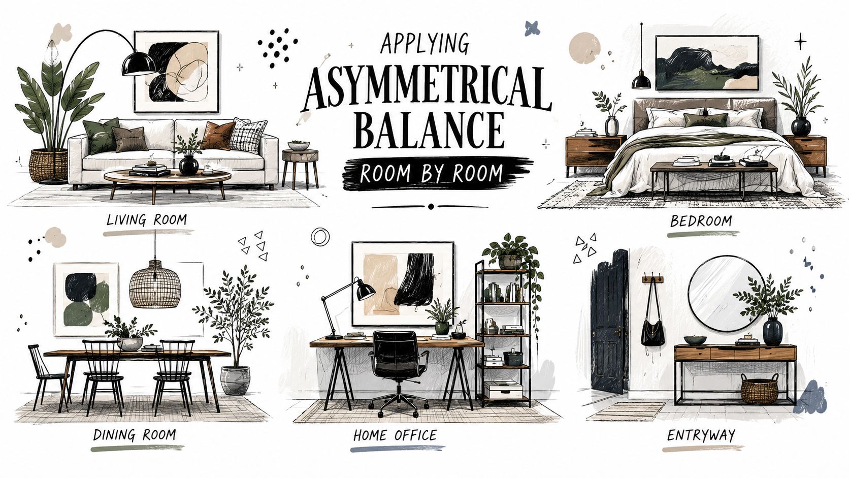 A design infographic demonstrating how to apply asymmetrical balance in different rooms of a home.