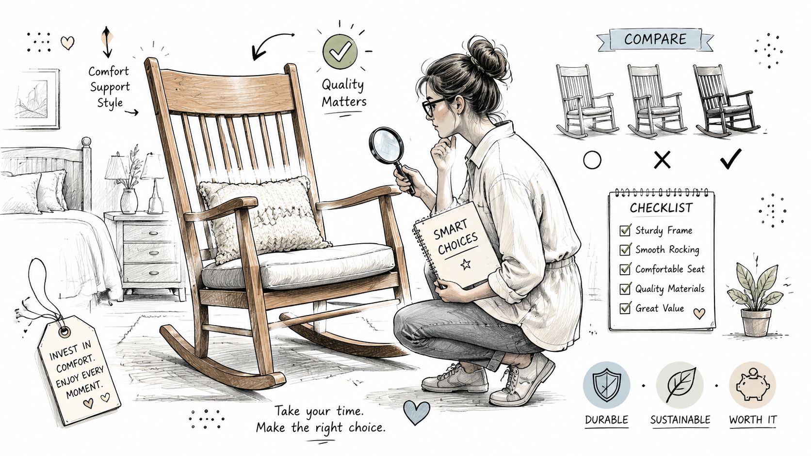 A woman examines a wooden rocking chair with a magnifying glass, using a checklist for furniture quality.