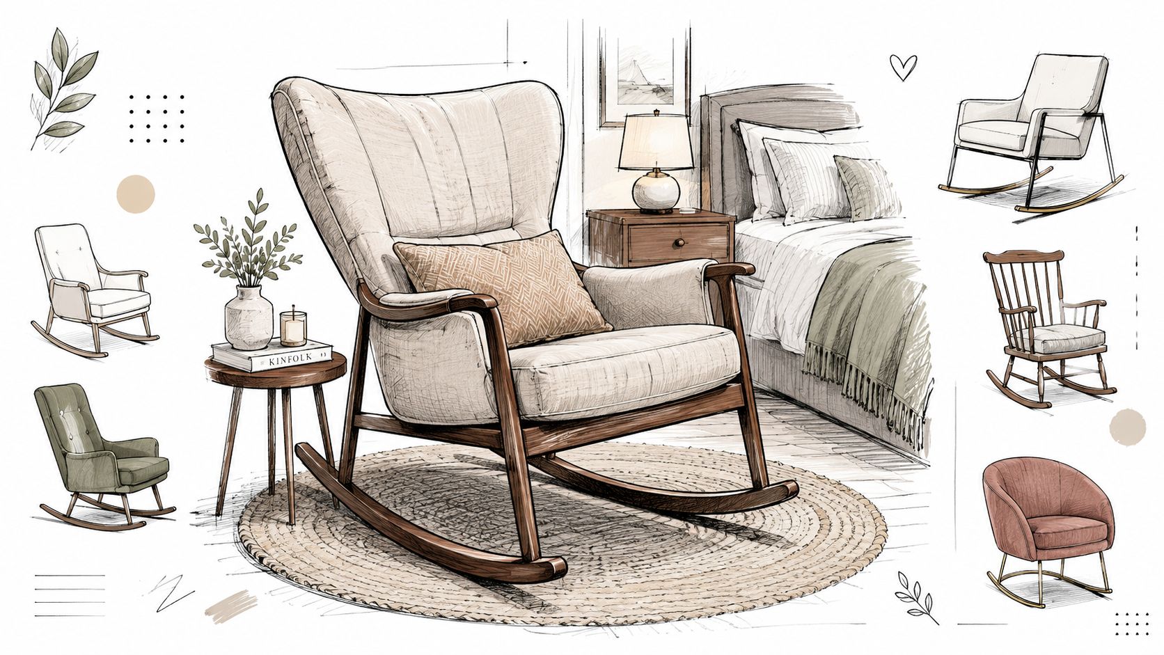 A detailed illustration of a cozy bedroom setting featuring various rocking chair designs and interior decor elements.