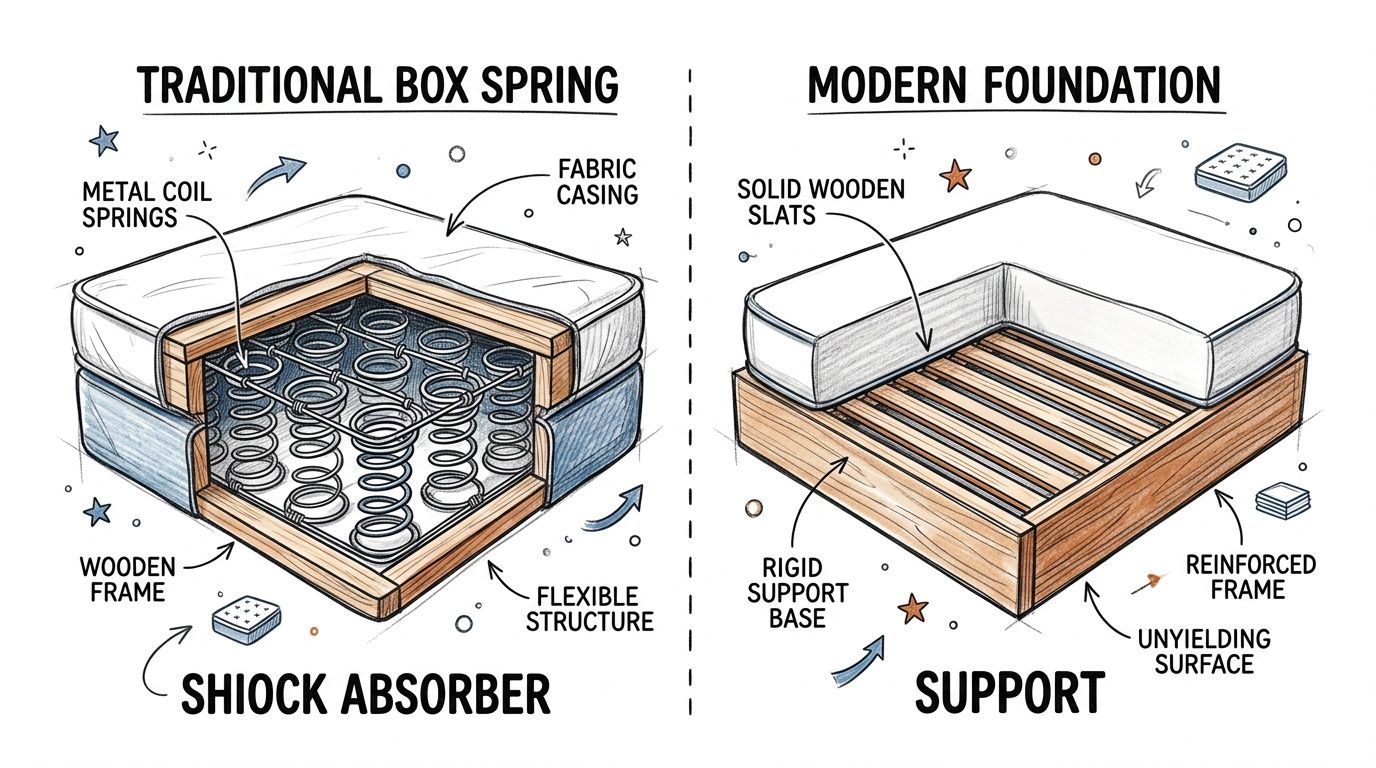 A side-by-side comparison illustrating the differences between a traditional metal coil box spring and a modern foundation.