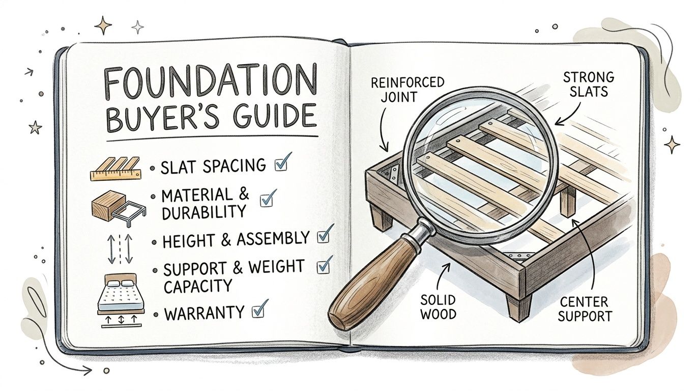 A hand-drawn illustration showing a foundation buyer's guide for choosing a bed frame or box spring.