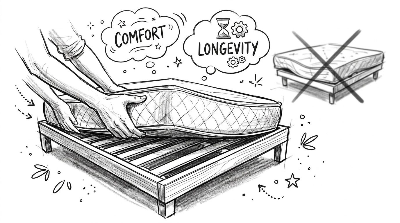 A pencil sketch illustrating how to properly place a mattress on a slatted bed frame foundation.