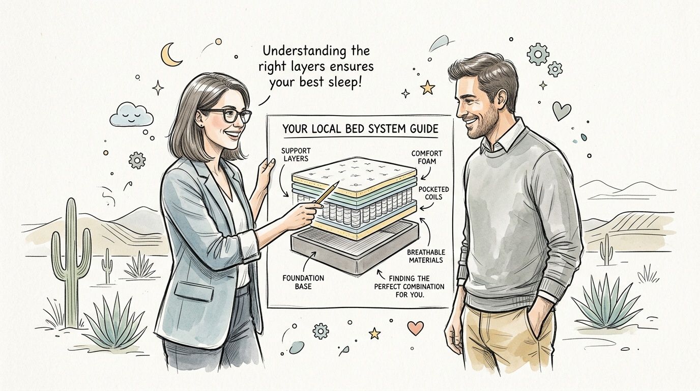 A professional explaining the layers of a bed system to a customer in an desert setting.