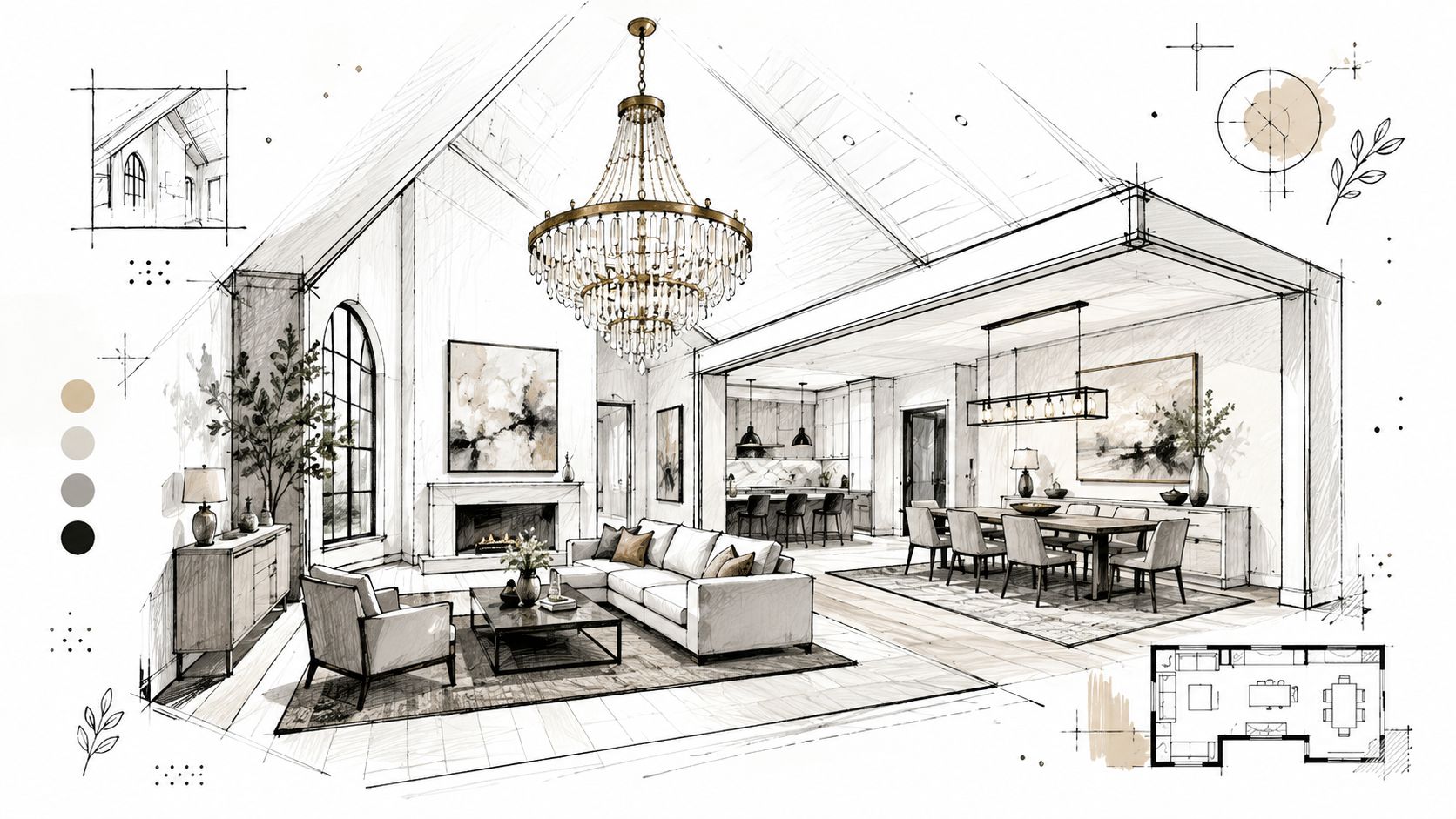 A sophisticated architectural sketch of an open concept living and dining room with a large chandelier.