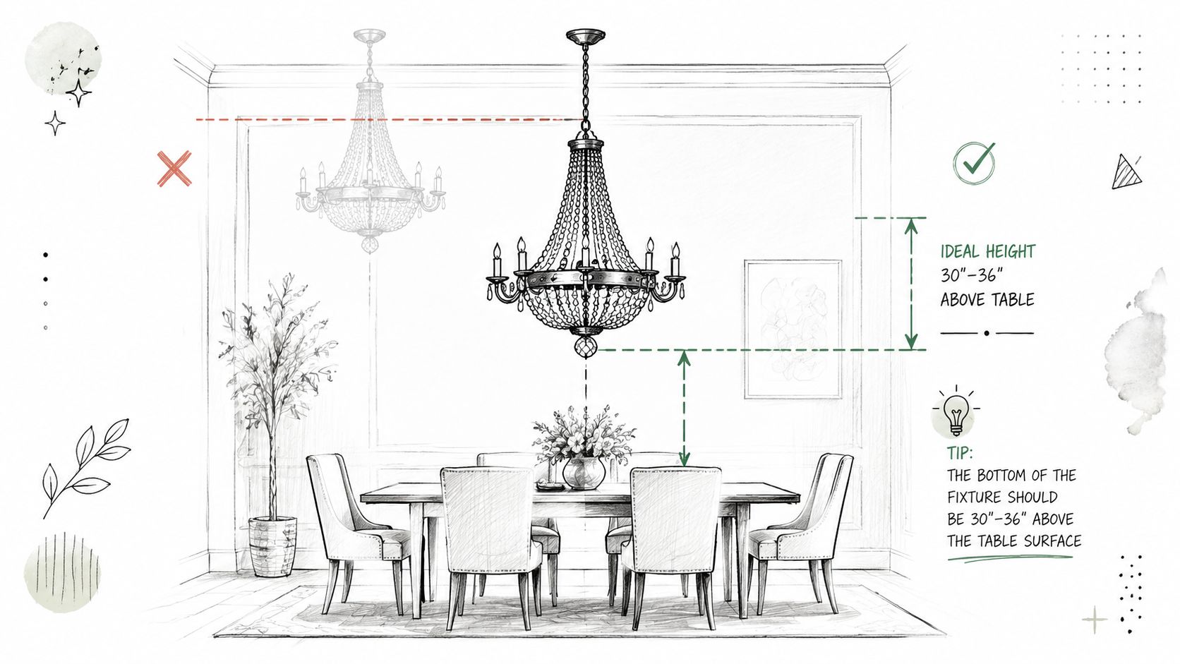 A diagram illustrating the ideal hanging height for a dining room chandelier above the table surface.