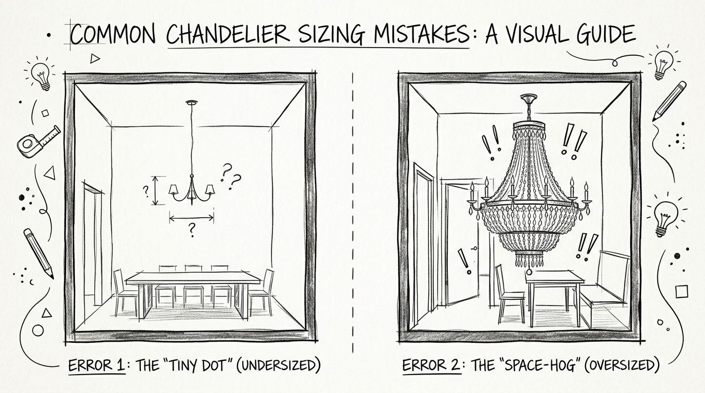A hand-drawn illustration showing two common chandelier sizing mistakes: an undersized fixture and an oversized one.