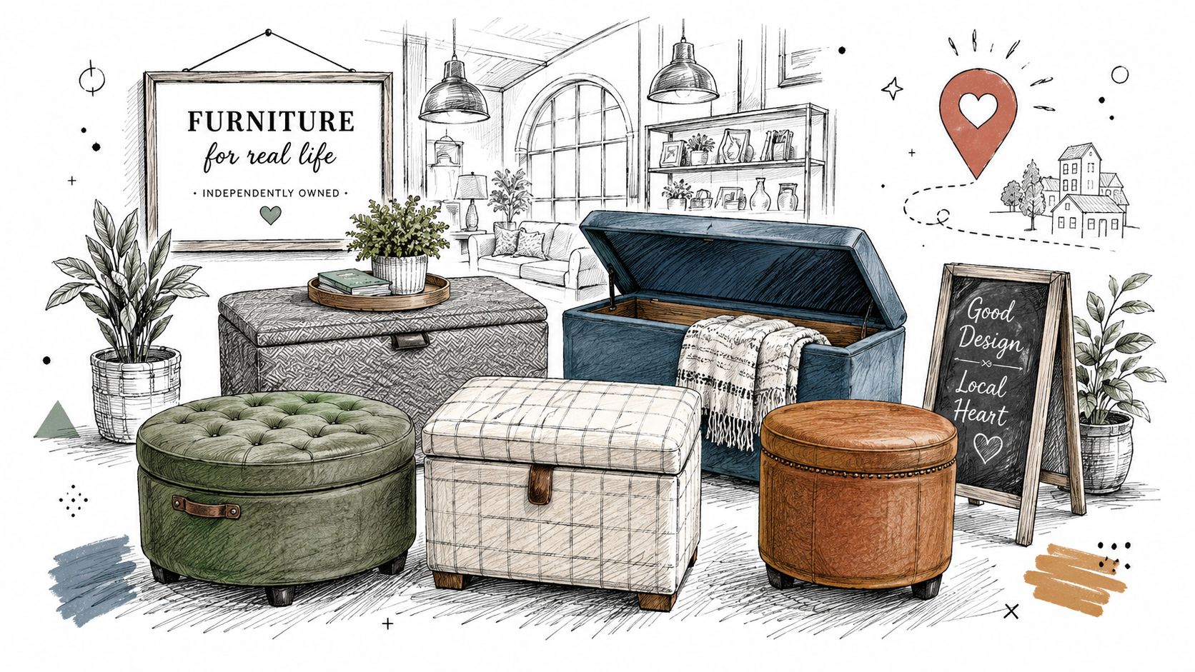 A curated collection of various storage ottomans and stools featured in a stylish interior design sketch.