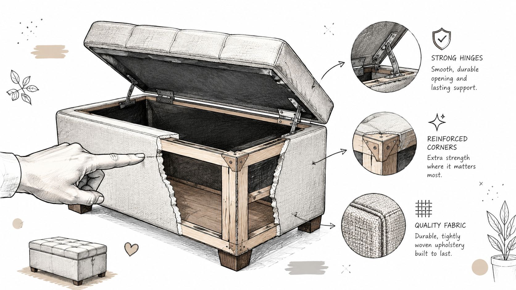 A detailed technical illustration of a storage ottoman showing its internal wooden frame, hinges, and fabric upholstery.