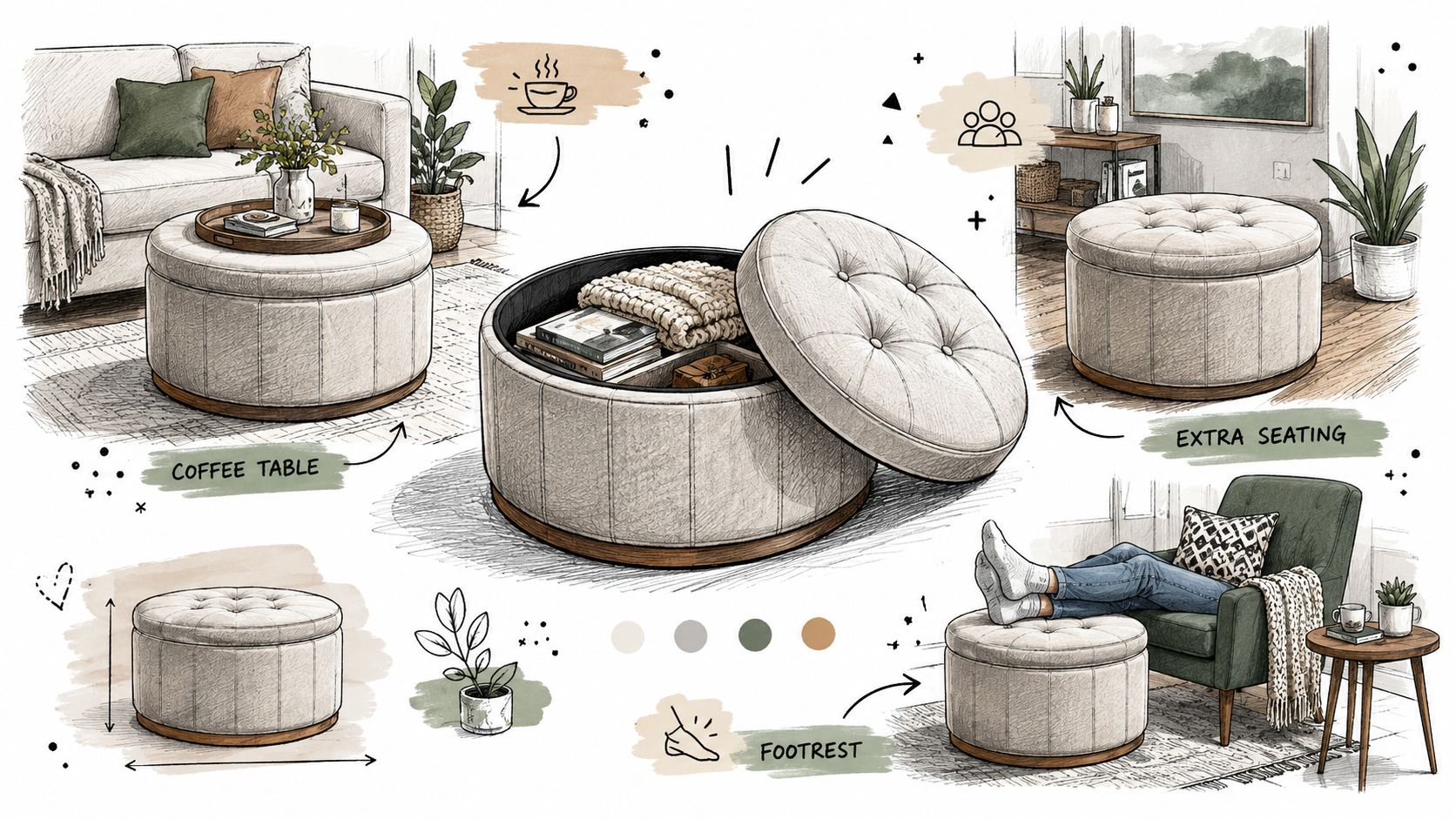 A digital illustration showing a versatile round storage ottoman used as a coffee table, footrest, and seating.