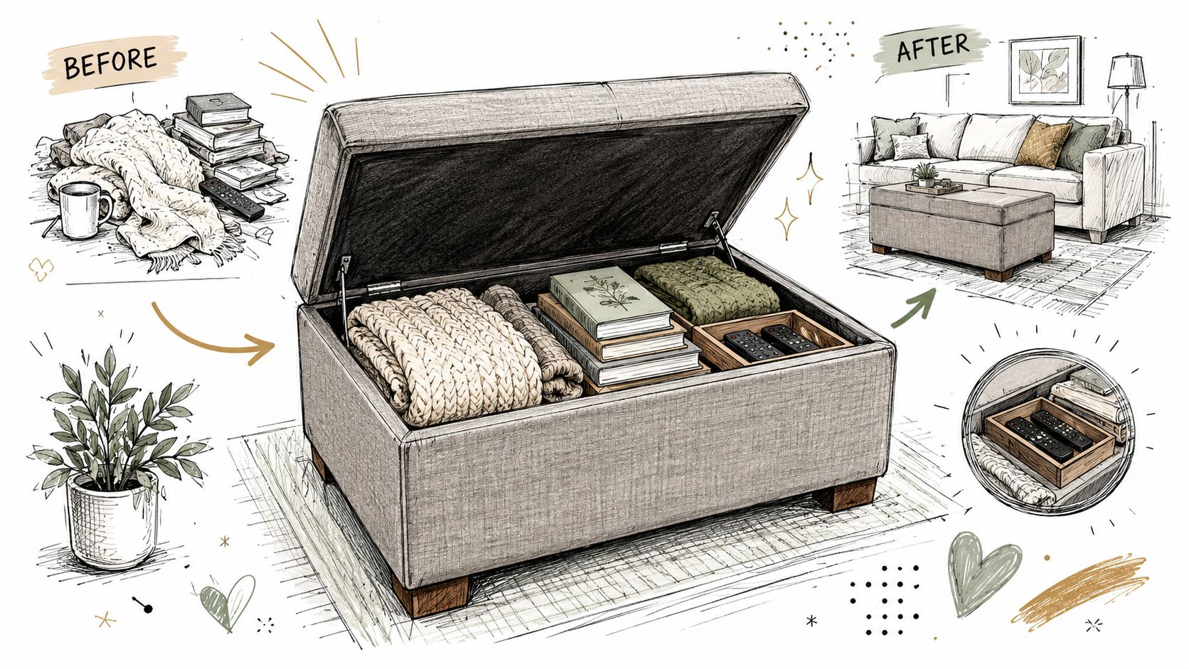 A line drawing illustration showing a cluttered living space organized inside a grey fabric storage ottoman.