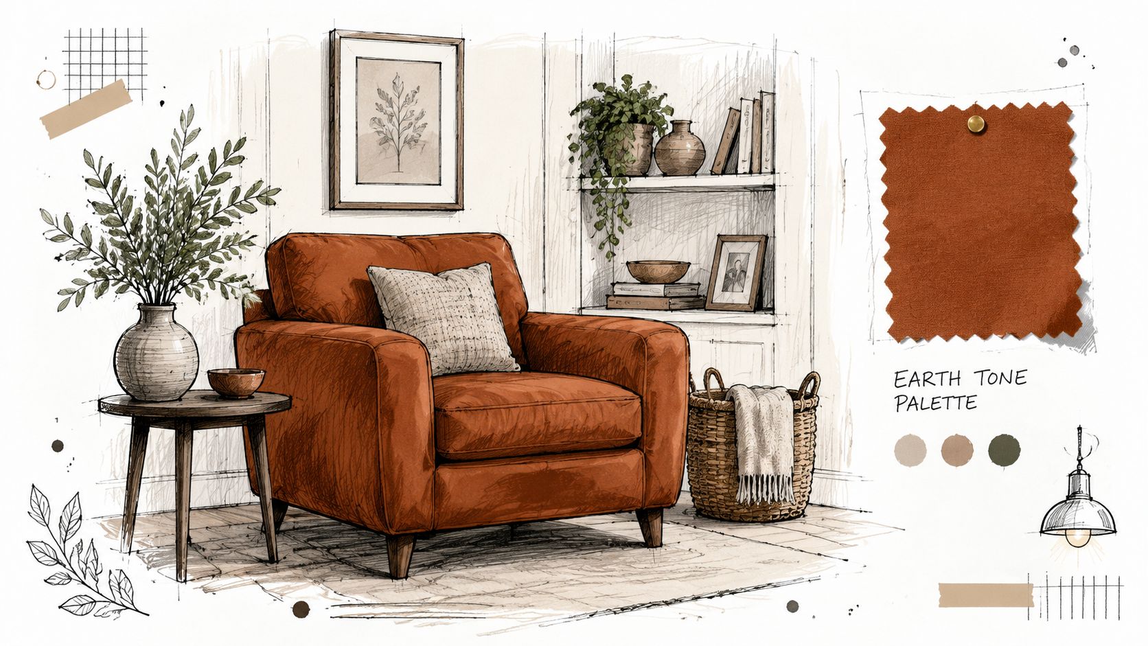 A cozy sketch showing a comfortable brown leather armchair in a stylish living room with earth tones.