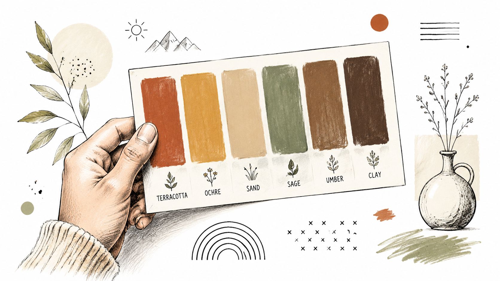 A hand holding a color palette card featuring earthy tones labeled Terracotta, Ochre, Sand, Sage, Umber, and Clay.