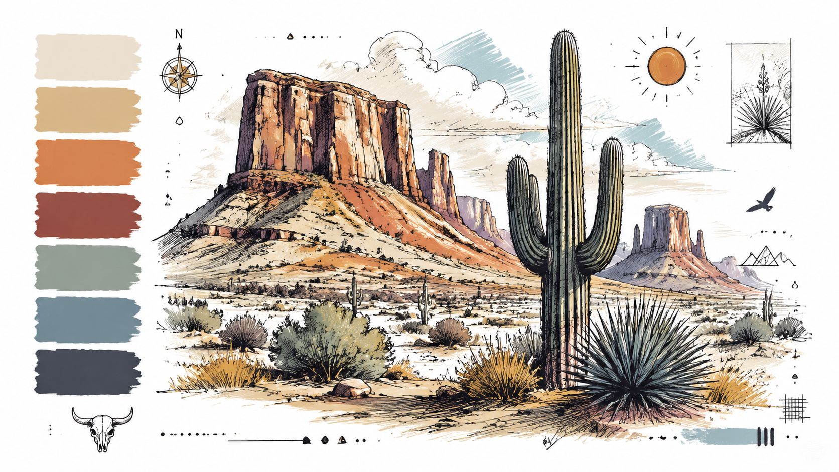 A detailed artistic illustration of a desert landscape featuring mesas, saguaro cacti, and a color palette swatch.