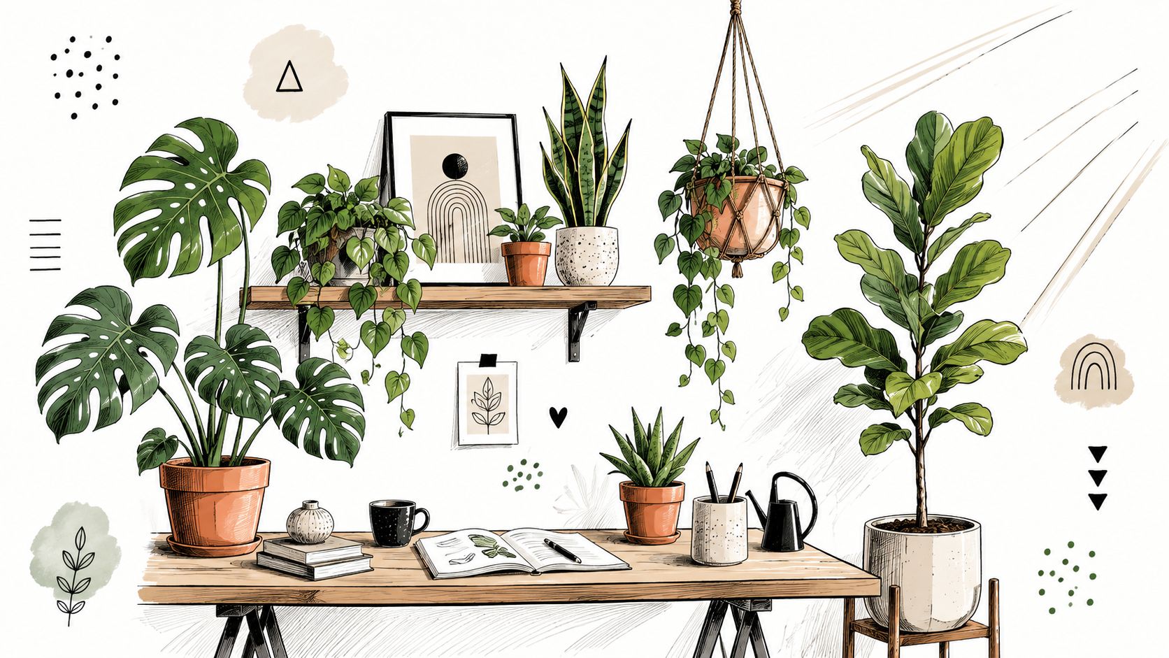 A hand-drawn illustration of a cozy desk workspace filled with various potted plants and home decor items.