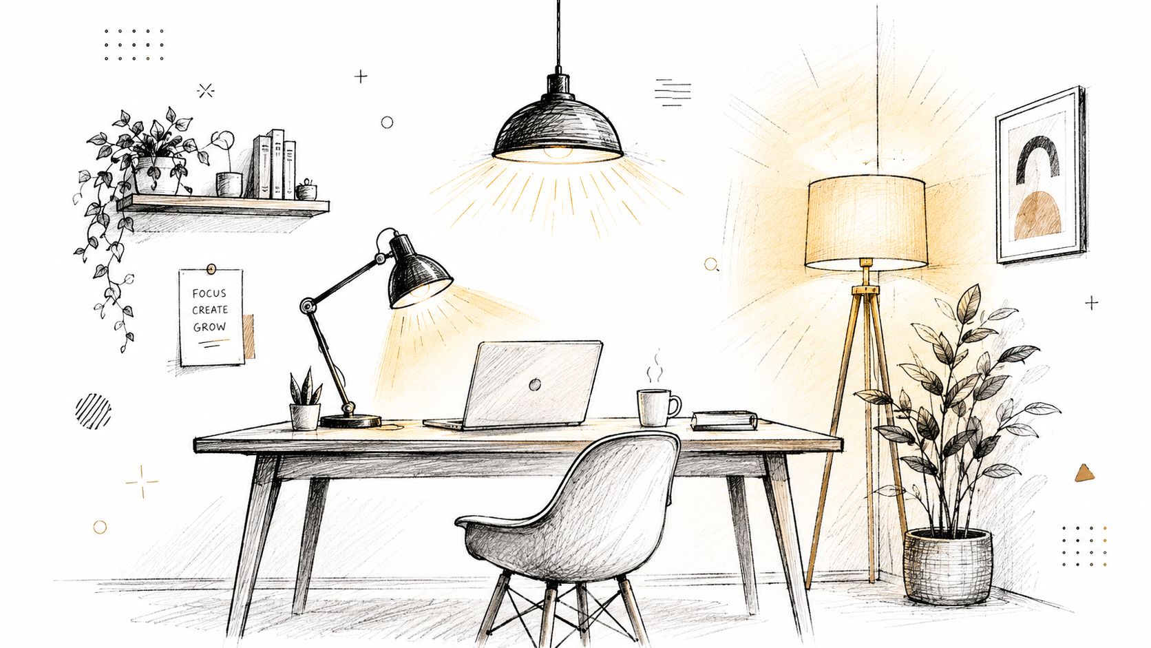 A cozy, hand-drawn sketch of a home office workspace with a desk, laptop, plants, and warm lighting.