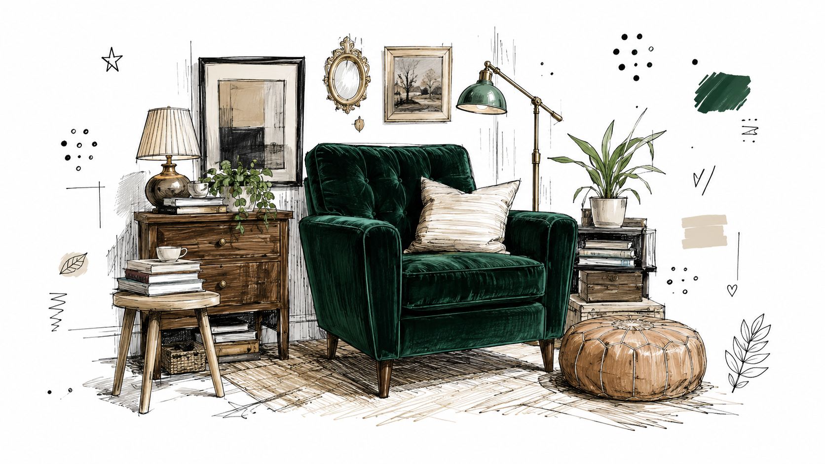 A hand-drawn illustration of a cozy reading corner featuring a dark green velvet armchair.