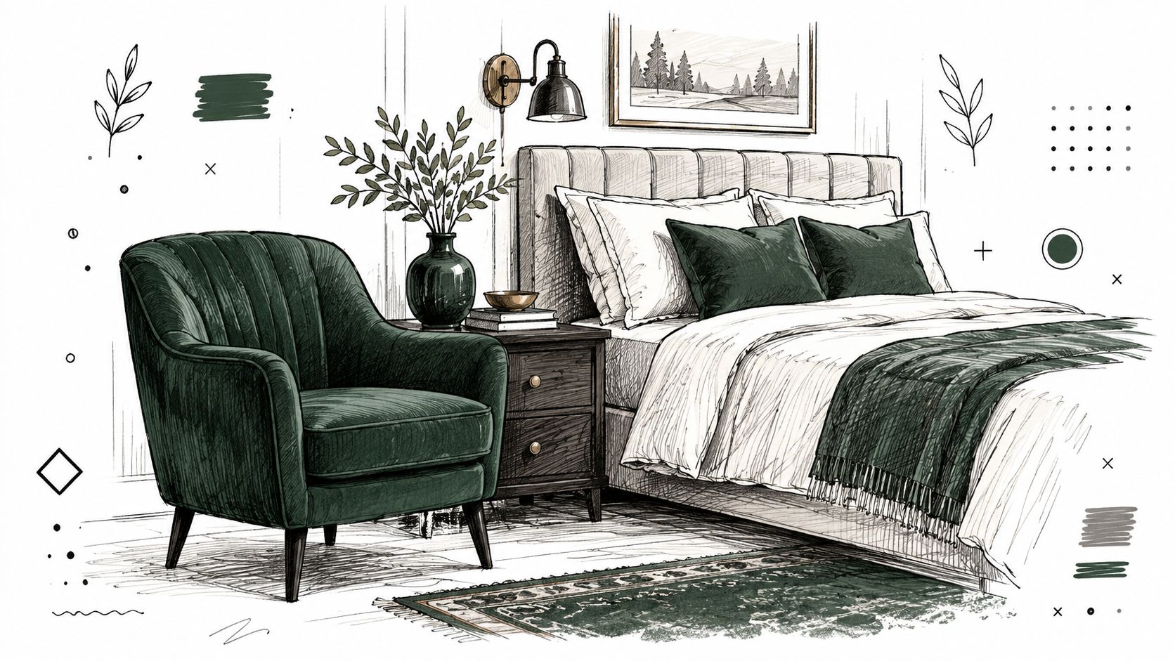 A sketched bedroom interior featuring a dark green velvet armchair, a nightstand, and a cozy made bed.