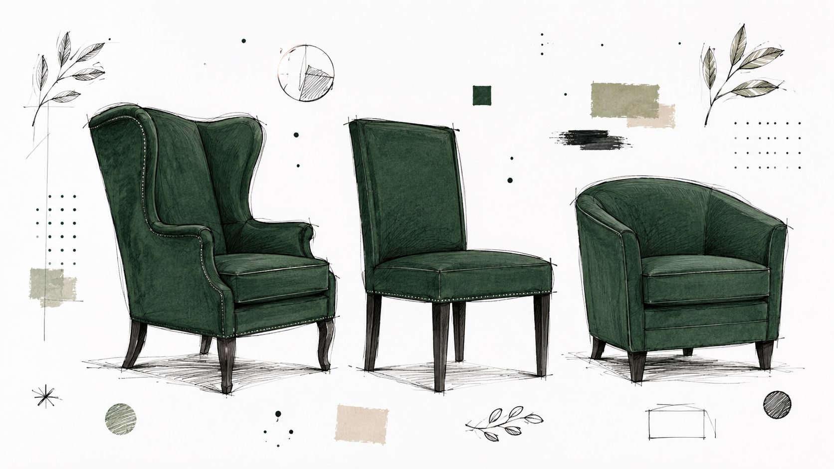 A digital illustration of three different dark green upholstered chairs with elegant design sketches and decorative elements.