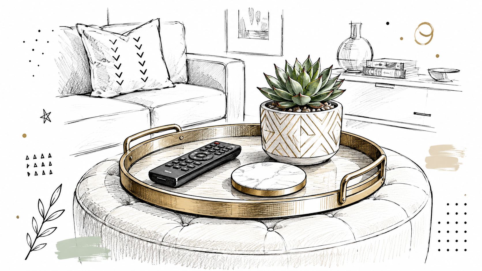 A sketched illustration of a decorative gold tray sitting on a tufted ottoman in a modern living room.