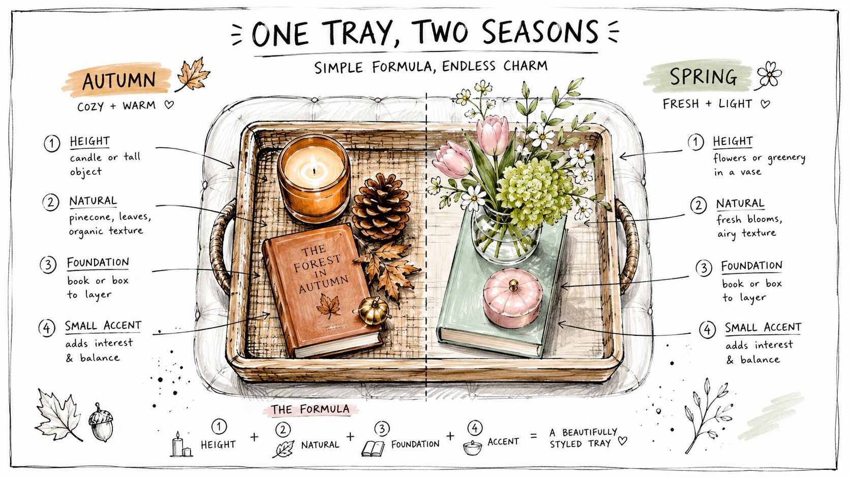 An illustrated guide demonstrating how to style a decorative tray for both autumn and spring seasons.