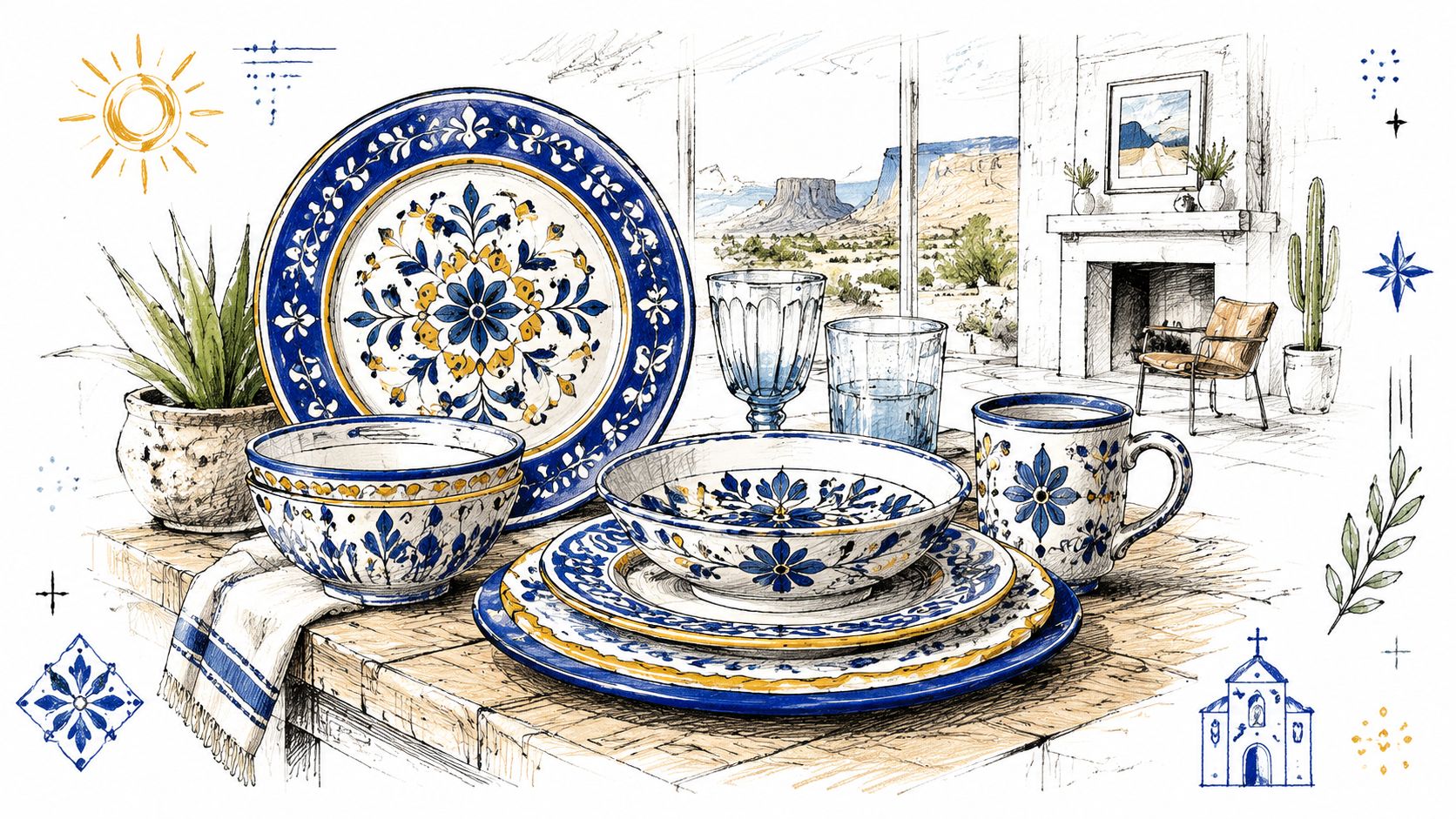 A beautiful hand-painted ceramic dinnerware set with blue and yellow floral patterns on a rustic wooden table.