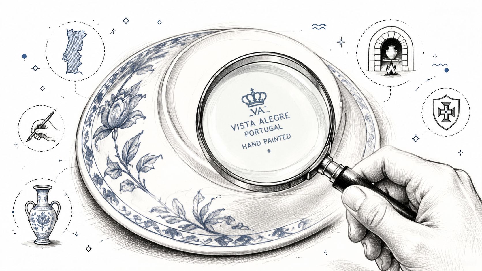 A hand holds a magnifying glass over a hand-painted Vista Alegre porcelain plate, surrounded by Portuguese-themed illustrations.