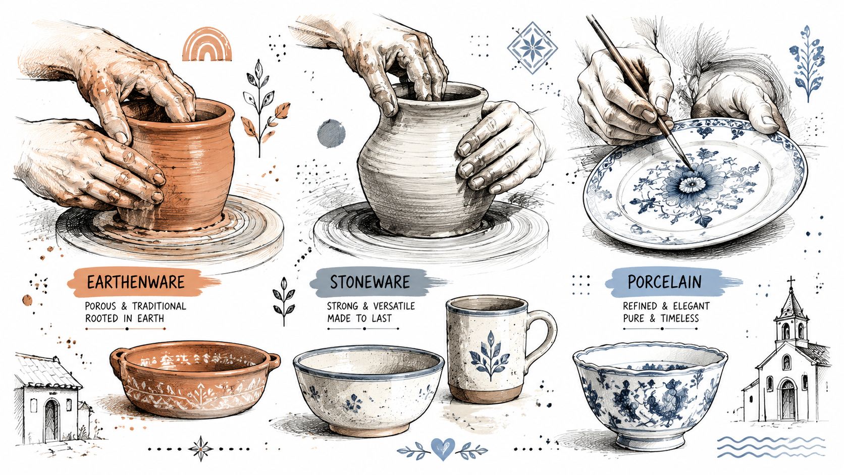An artistic illustration displaying three types of pottery: earthenware, stoneware, and porcelain with their crafting process.