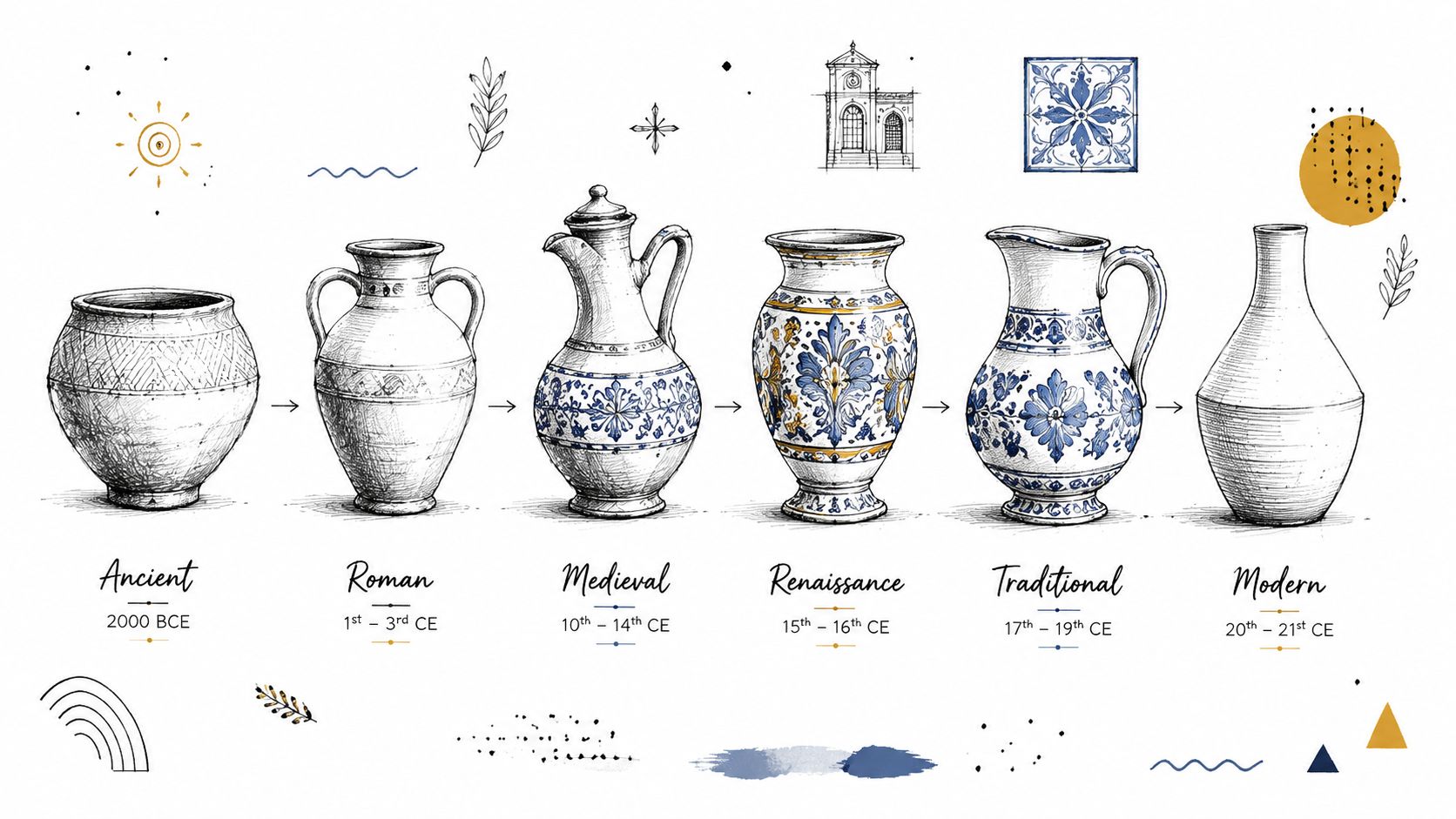 A timeline illustration showing the evolution of Portuguese ceramic pottery styles from ancient to modern eras.
