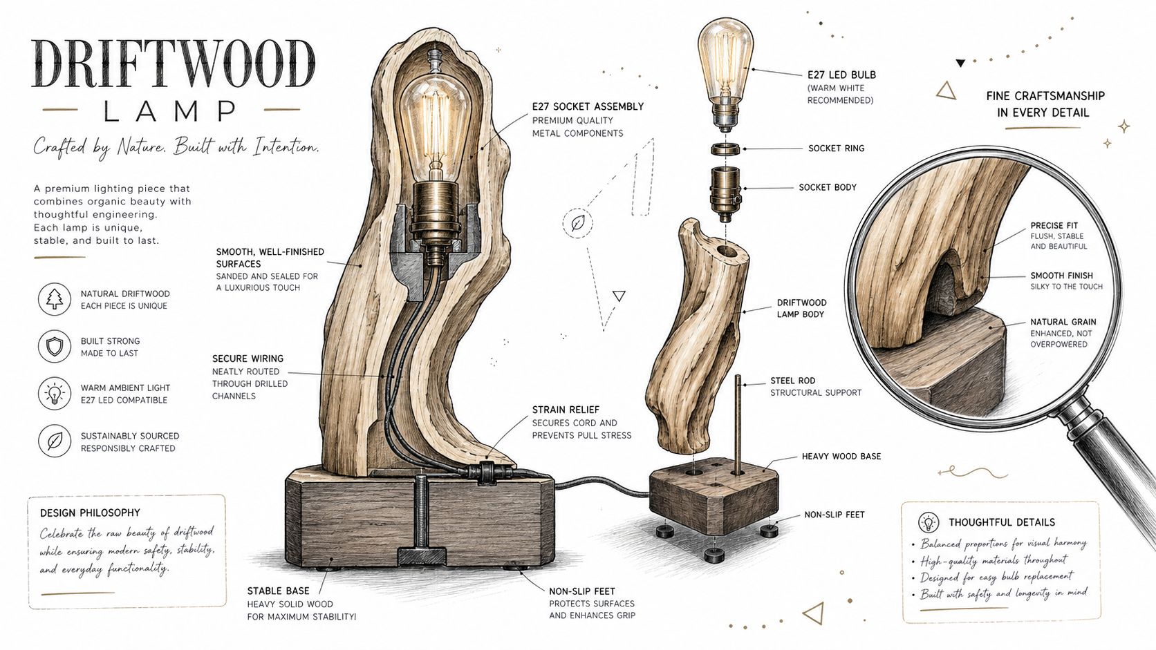 An artistic technical diagram showcasing the components and assembly of a handcrafted driftwood table lamp.
